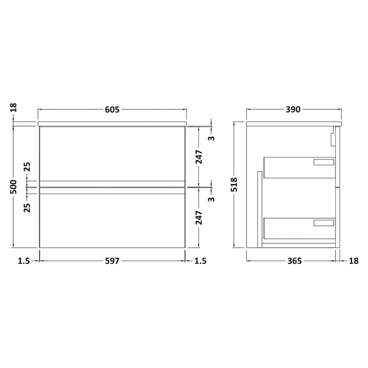 Urban 600mm Wall Hung Double Drawer Worktop Vanity Units