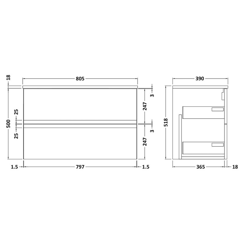 Urban 800mm Wall Hung Double Drawer Worktop Vanity Units