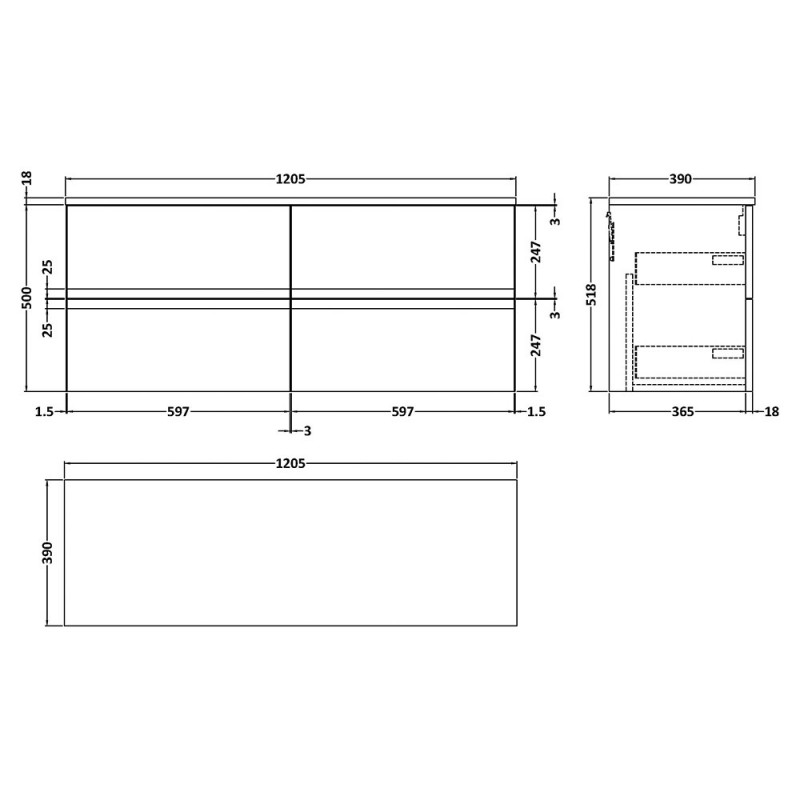 Urban 1200mm Wall Hung Four Drawer Worktop Vanity Units