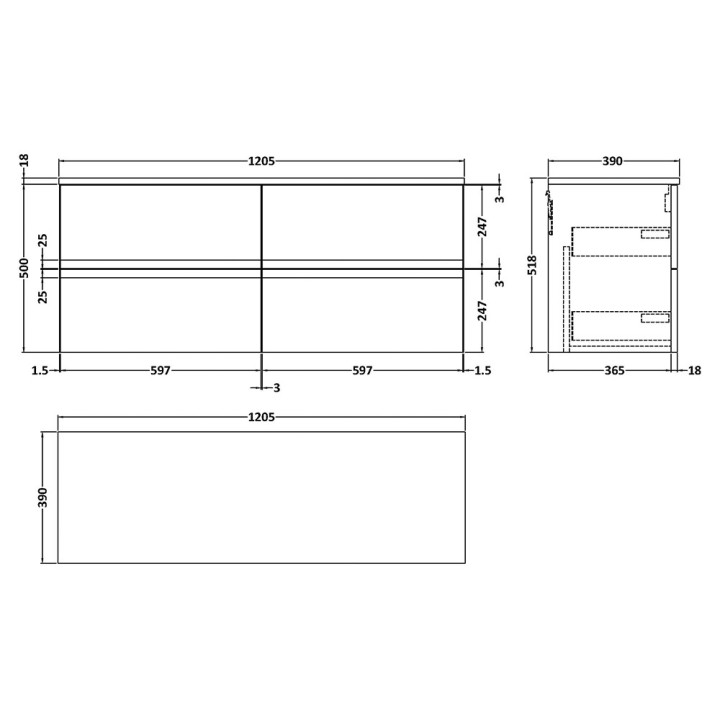 Urban 1200mm Wall Hung Four Drawer Worktop Vanity Units