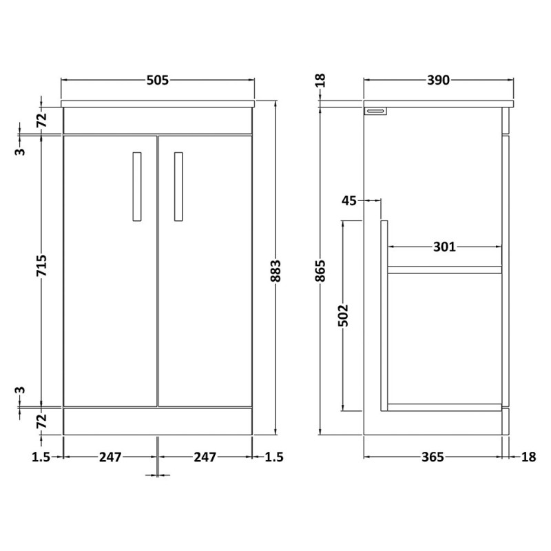 Athena 500mm Freestanding 2 Door Worktop Vanity Unit