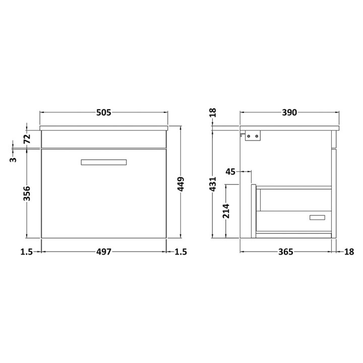 Athena 500mm Wall Hung Single Drawer Worktop Vanity Unit