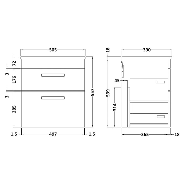 Athena 500mm Wall Hung Double Drawer Worktop Vanity Unit