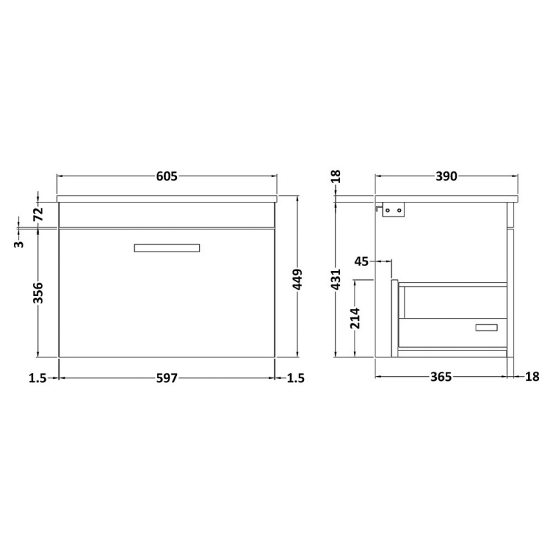 Athena 600mm Wall Hung Single Drawer Worktop Vanity Unit