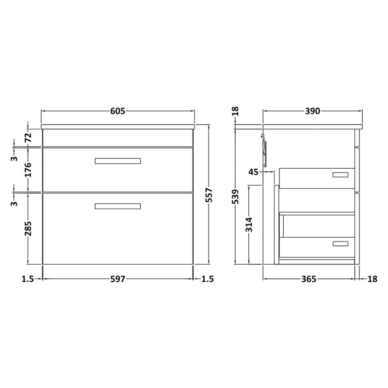 Athena 600mm Wall Hung Double Drawer Worktop Vanity Unit