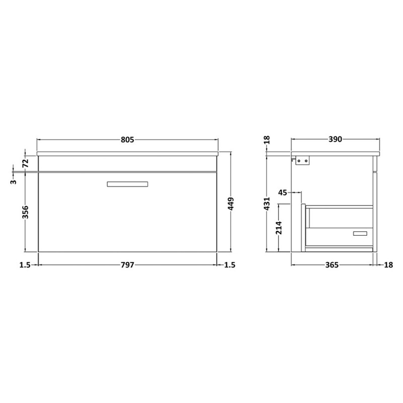 Athena 800mm Wall Hung Single Drawer Worktop Vanity Unit