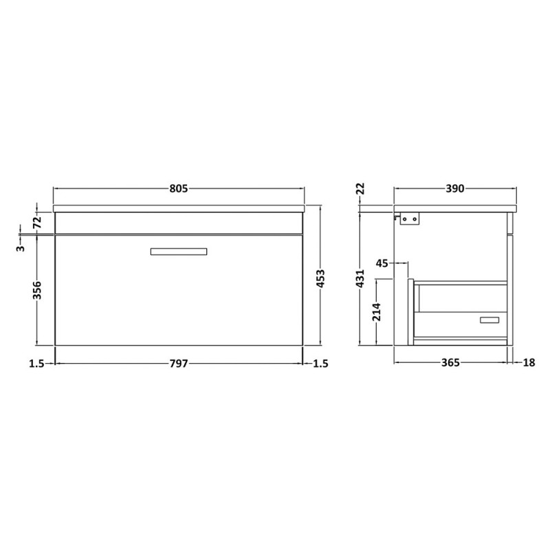 Athena 800mm Wall Hung Single Drawer Worktop Vanity Unit