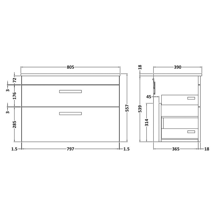 Athena 800mm Wall Hung Double Drawer Worktop Vanity Unit
