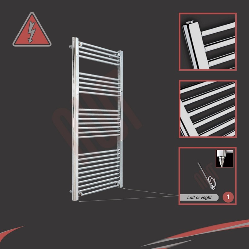 600mm (w) x 1400mm (h) Electric Straight Chrome Towel Rail (Single Heat or Thermostatic Option)
