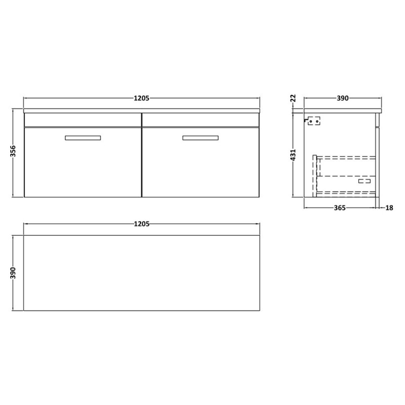 Athena 1200mm Wall Hung Double Drawer Worktop Vanity Unit