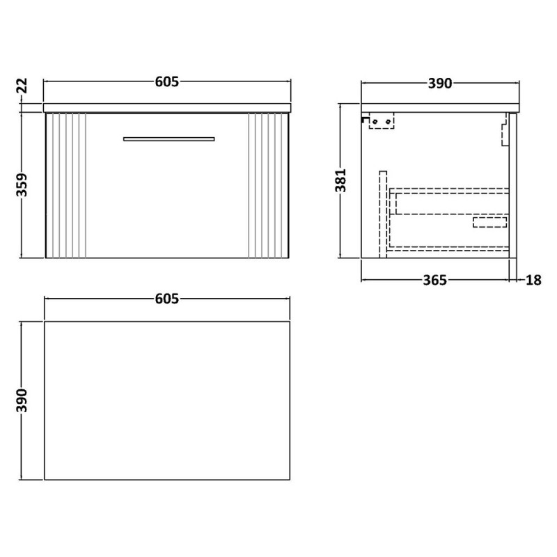 Deco 600mm Wall Hung Single Drawer Worktop Vanity Unit