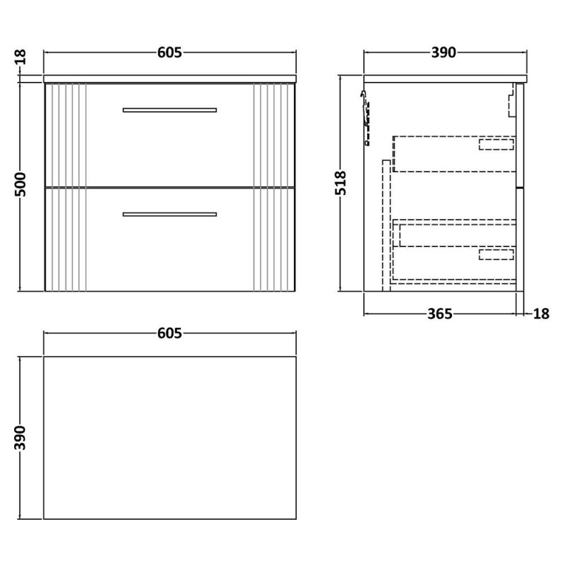 Deco 600mm Wall Hung Double Drawer Worktop Vanity Unit