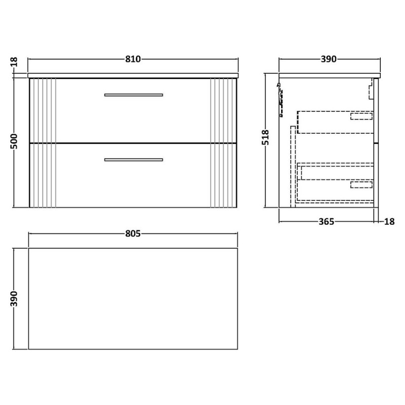 Deco 800mm Wall Hung Double Drawer Worktop Vanity Unit