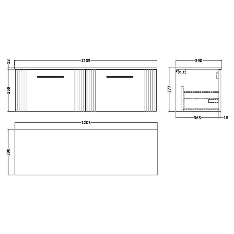 Deco 1200mm Wall Hung Double Drawer Worktop Vanity Unit