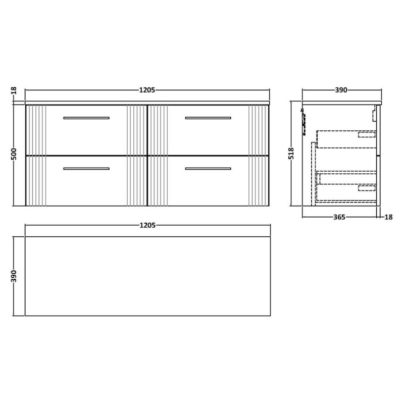 Deco 1200mm Wall Hung Four Drawer Worktop Vanity Unit