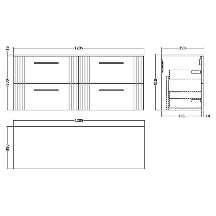 Deco 1200mm Wall Hung Four Drawer Worktop Vanity Unit