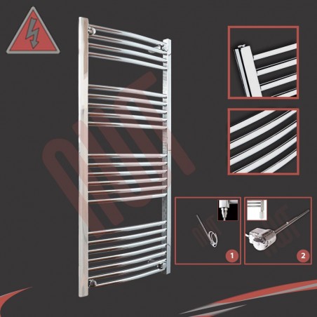 600mm (w) x 1200mm (h) Electric Curved Chrome Towel Rail (Single Heat or Thermostatic Option)