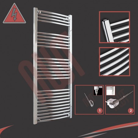 600mm (w)  x 1400mm (h) Electric Curved Chrome Towel Rail (Single Heat or Thermostatic Option)