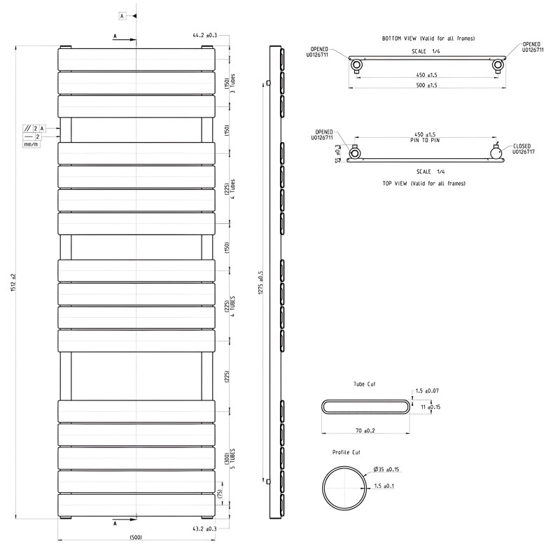 500mm (w) x 1500mm (h) "Solaris" Black Designer Towel Rail