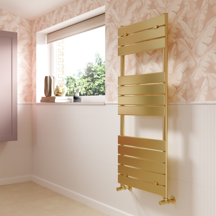 500mm (w) x 1200mm (h) "Solaris" Brushed Brass Designer Towel Rail - Insitu