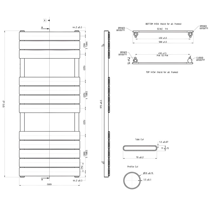 500mm (w) x 1200mm (h) "Solaris" Brushed Brass Designer Towel Rail