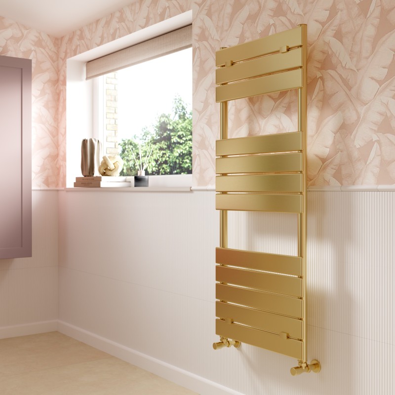 500mm (w) x 1500mm (h) "Solaris" Brushed Brass Designer Towel Rail - Insitu