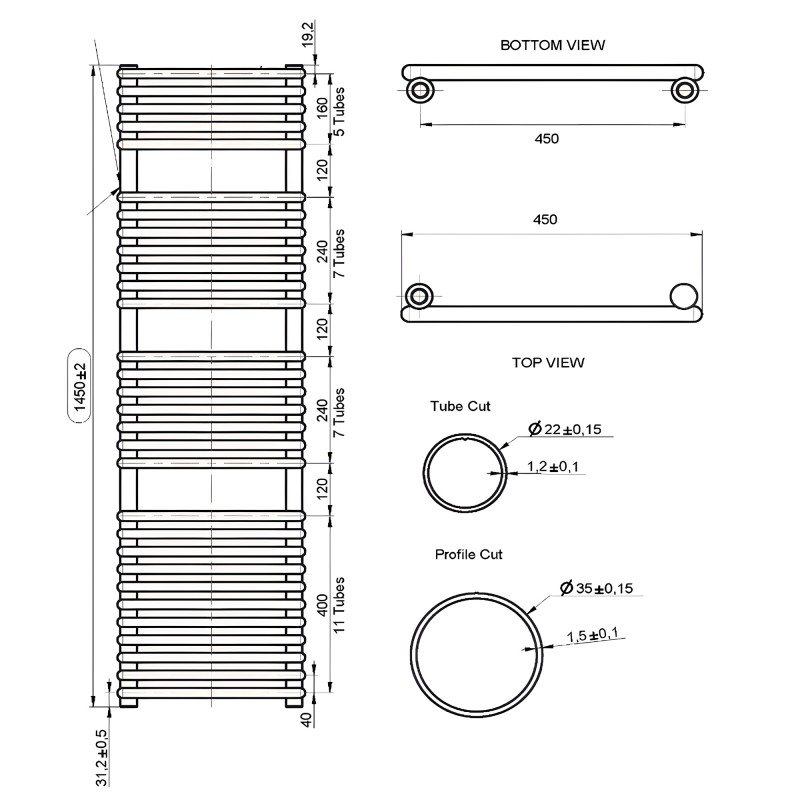 500mm (w) x 1450mm (h) "Bari" Black Designer Towel Rail