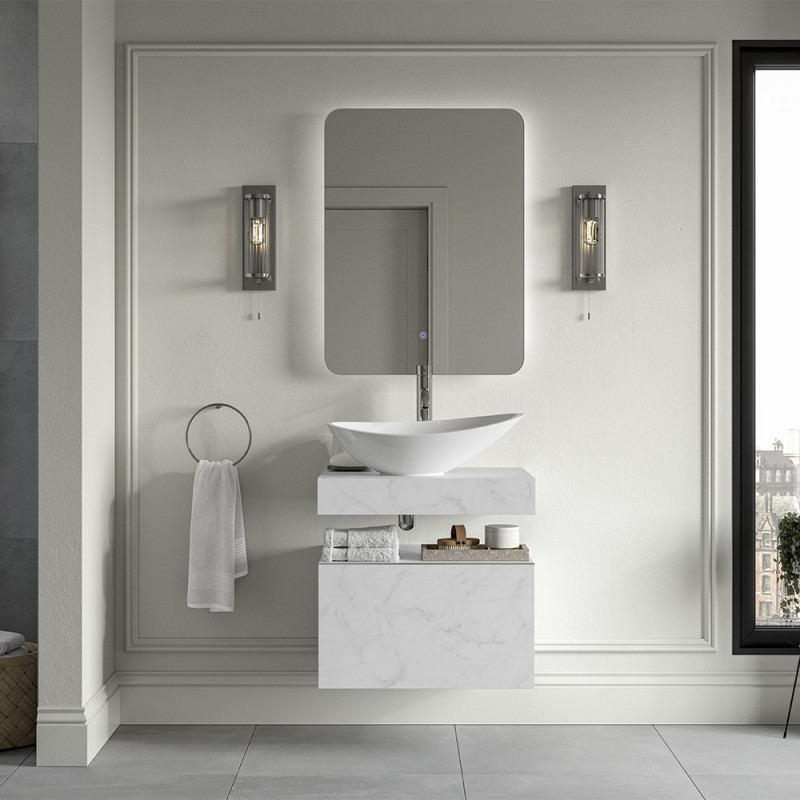 Kenzo 600mm Wall Hung White Marble Basin Shelf & Bottle Trap