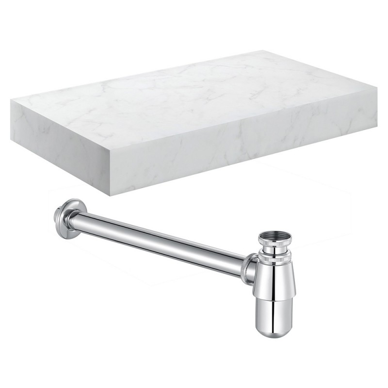 Kenzo 800mm Wall Hung White Marble Basin Shelf & Bottle Trap