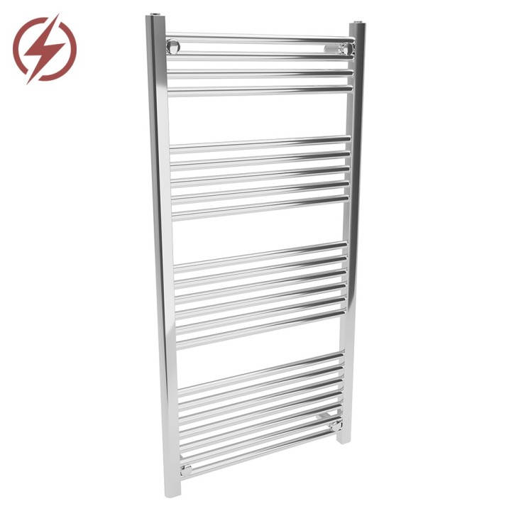 600mm (w) x 1200mm (h) Electric Straight Chrome Towel Rail (Single Heat or Thermostatic Option)