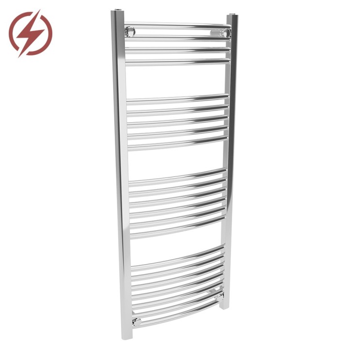 500mm (w) x 1200mm (h) Electric Curved Chrome Towel Rail (Single Heat or Thermostatic Option)