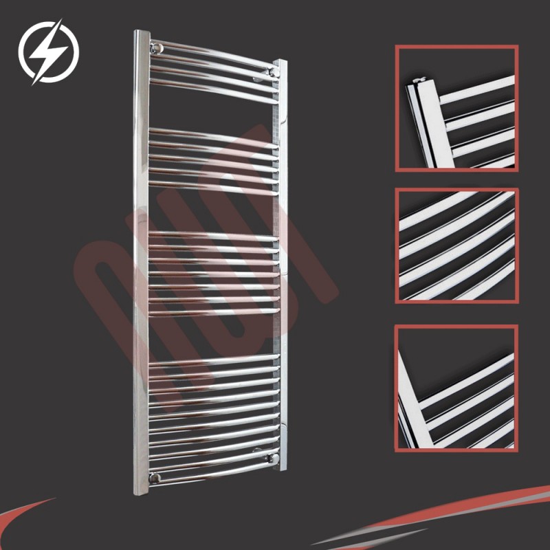 600mm (w)  x 1400mm (h) Electric Curved Chrome Towel Rail (Single Heat or Thermostatic Option)