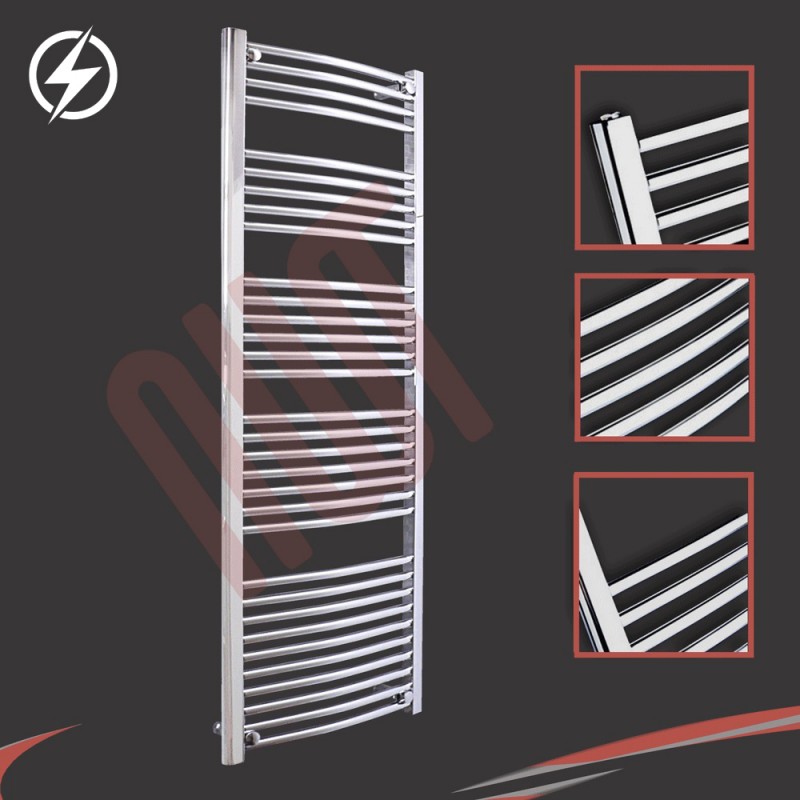 600mm (w)  x 1600mm (h) Electric Curved Chrome Towel Rail (Single Heat or Thermostatic Option)