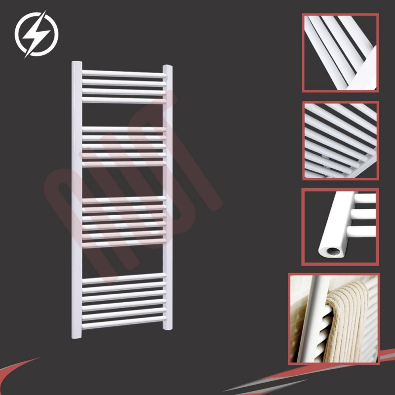 600mm (w) x 1200mm (h)  Electric Straight White Towel Rail (Single Heat or Thermostatic Option)