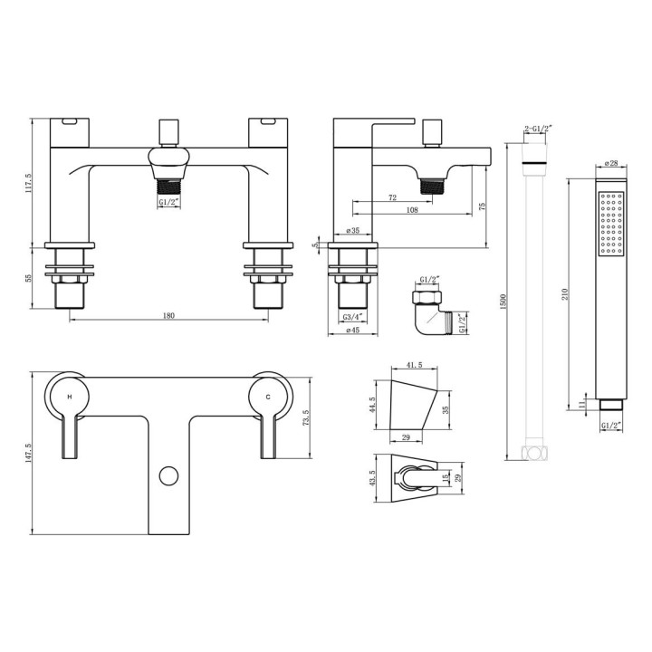 Evoke Twin Lever Matt Black Deck Mounted Bath/Shower Mixer with Hand Shower & Parking Bracket