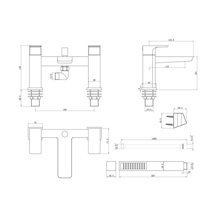 Marengo Twin Lever Matt Black Deck Mounted Bath/Shower Mixer with Hand Shower & Parking Bracket