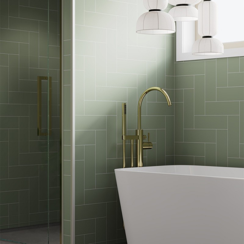 Olive Green Straight Herringbone Urban Tile Effect - Fibo