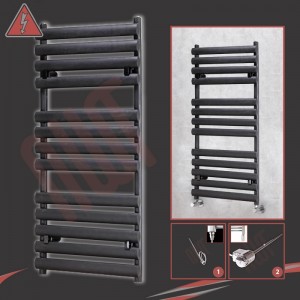 500mm(w) x 1200mm(h)Electric Brecon Black Oval Tube Towel Rail (Single Heat or Thermostatic Option)
