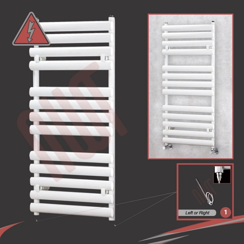 500mm(w) x 1200mm(h)Electric  "Brecon" White Oval Tube Towel Rail (Single Heat or Thermostatic Option)