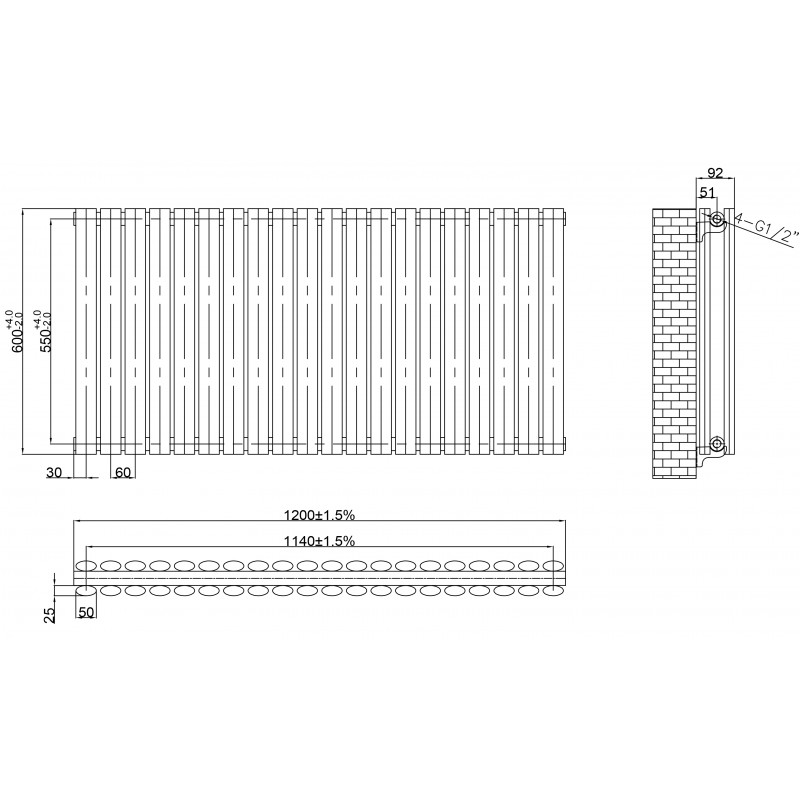 1200mm (W) x 600mm (H) Brecon Black Double Oval Tube Horizontal Radiator