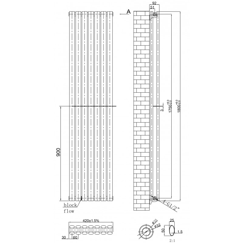 420mm (W) x 1800mm (H) Brecon Anthracite Double Oval Tube Vertical Radiator