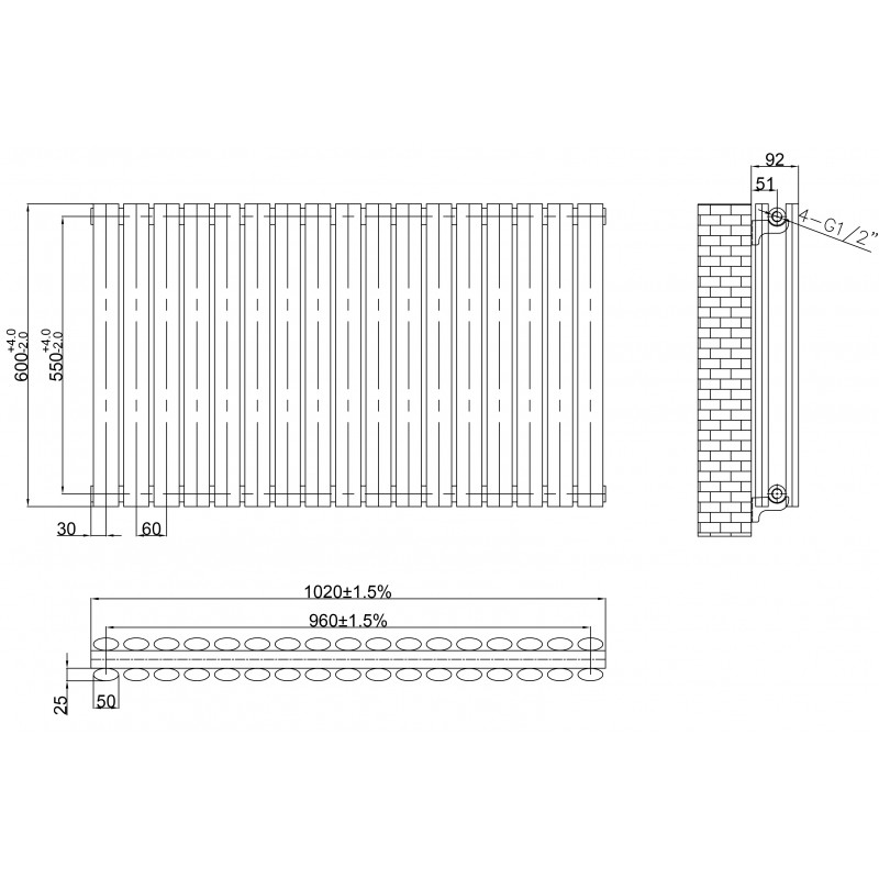 1020mm (W) x 600mm (H) Brecon White Double Oval Tube Horizontal Radiator