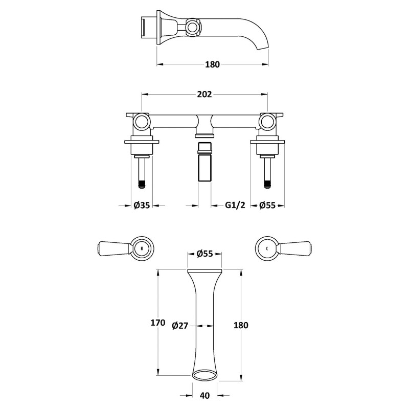Wall Mount White Ceramic Lever 3 Tap Hole Basin Tap - Technical Drawing