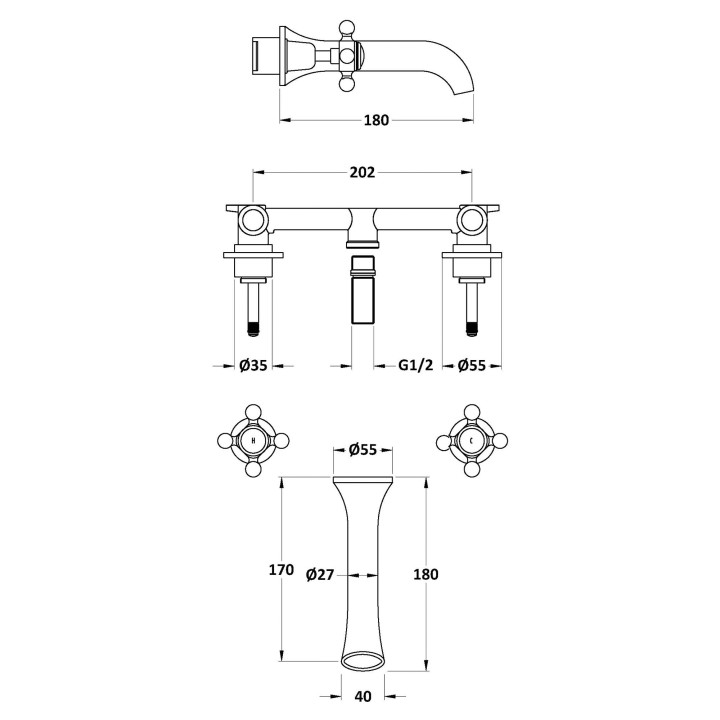 3 Hole Wall Mount Crosshead Hot & Cold Basin Taps - Technical Drawing