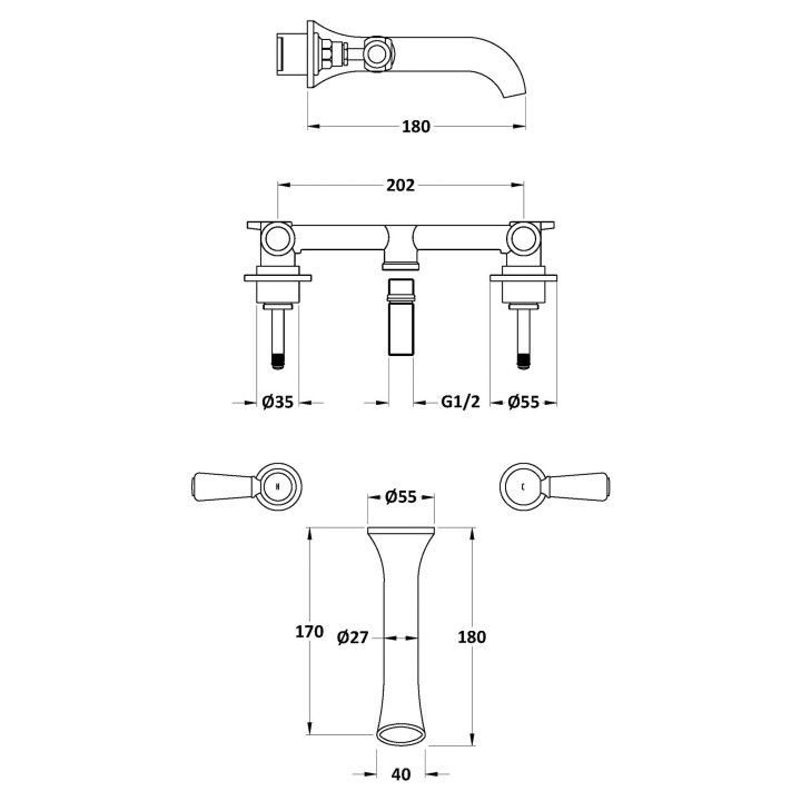 Wall Mount White Ceramic Lever 3 Tap Hole Basin Tap - Technical Drawing