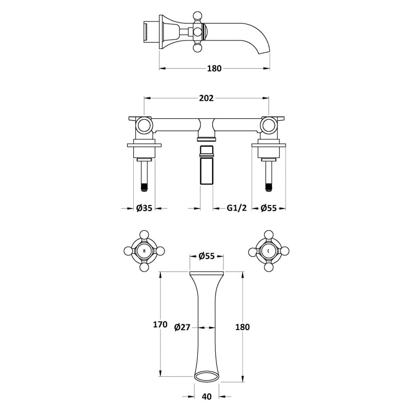 Wall Mount Cross Head 3 Tap Hole Basin Taps - Technical Drawing