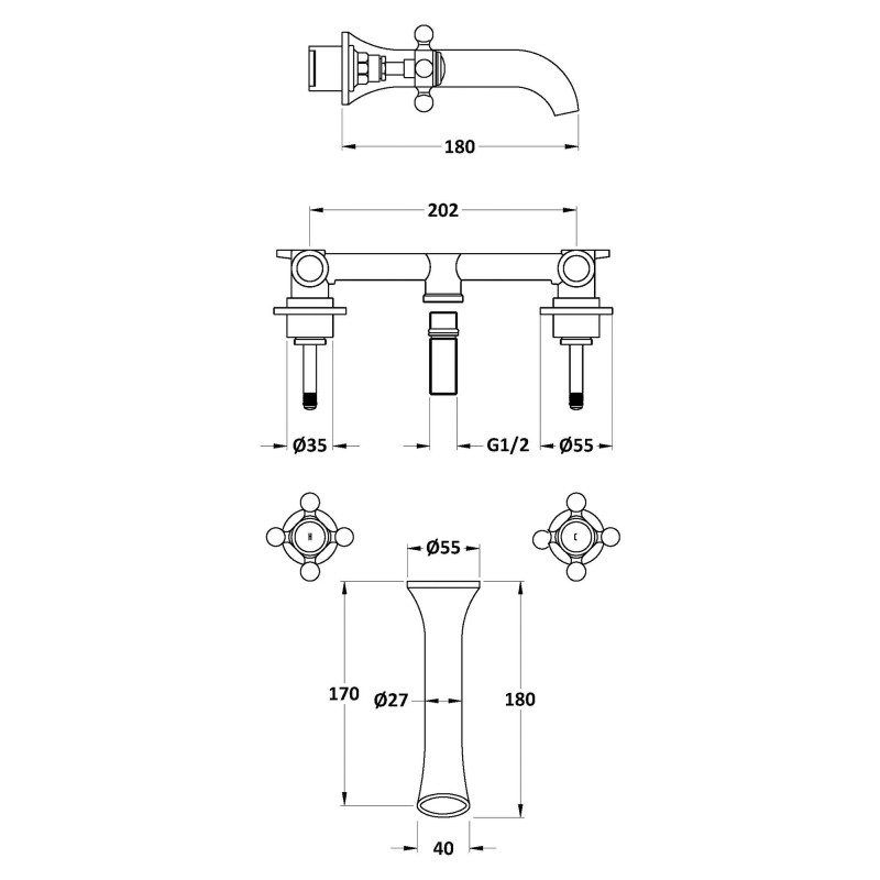Wall Mount 3 Tap Hole Cross Head Hex Collar Hot & Cold Basin Taps - Technical Drawing