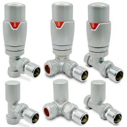 Silver Thermostatic Valves for Radiators & Towel Rails (Pair of Angled, Straight or Corner)