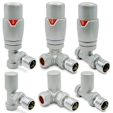 Silver Thermostatic Valves for Radiators & Towel Rails (Pair of Angled, Straight or Corner)