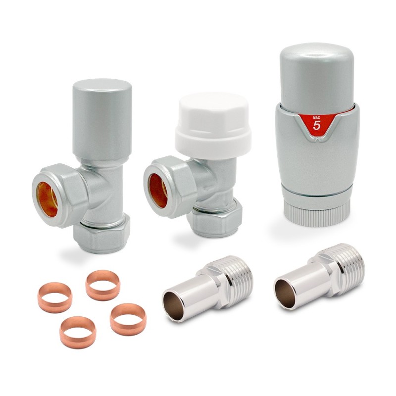 Silver Thermostatic Valves for Radiators & Towel Rails (Pair of Angled, Straight or Corner)